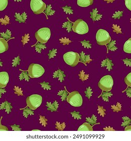 Seamless pattern with a green acorn on a purple background. Autumn pattern with leaves