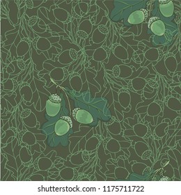 Seamless pattern with green acorns. Forest wallpaper.