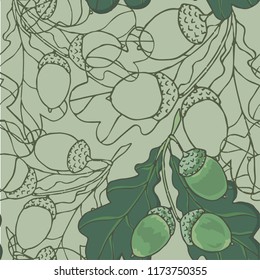 Seamless pattern with green acorns and oak leaves. Botanical ornament. Forest wallpaper.