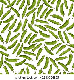 Seamless pattern with Green anaheim peppers. New Mexico peppers. Capsicum annuum. Chili pepper. Vegetables. Vector illustration isolated on white background. Cartoon style.