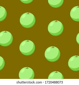 Seamless pattern with green apple fruit. Flat cartoon style. Brown background. Healthy food. Vegan and vegetarian lifestyle. Health care. Harvest. For postcards, wallpaper, textile and wrapping paper