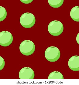 Seamless pattern with green apple fruit. Flat cartoon style. Dark red backdrop. Healthy food. Vegan and vegetarian lifestyle. Health care. Harvest. For postcards, wallpaper, textile and wrapping paper