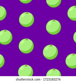 Seamless pattern with green apple fruit. Flat cartoon style. Violet background. Healthy food. Vegan and vegetarian lifestyle. Health care. Harvest. For postcards, wallpaper, textile and wrapping paper