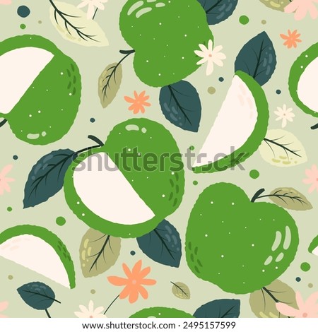 Seamless pattern green apple fruits isolated on white background. Vector illustration.
