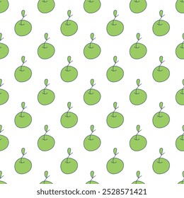 Seamless pattern with green apple. Infinite texture with doodles on a white background