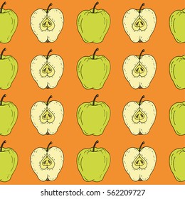 seamless pattern. green apple. orange background.