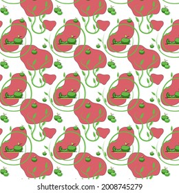 seamless pattern of green apple plants and red background