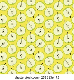 Seamless pattern of green apple slices with seeds and stems on bright yellow background. Ideal for textiles, wallpapers, and food-themed print designs. Vector art.