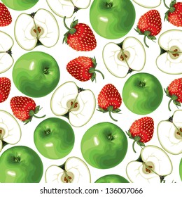 Seamless pattern of green apple and strawberries