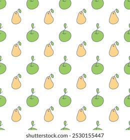 Seamless pattern with green apple and yellow pear. Minimalist Doodle Background