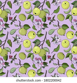 Patrón sin foco de manzanas verdes. Flores, hojas, manzanas. Diseño de papel pintado, tela, textil, embalaje.