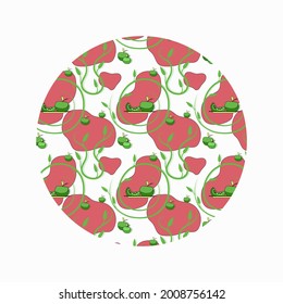 seamless pattern of green apples and foliage on a red and white background