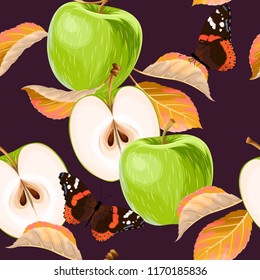 Seamless pattern with green apples and leaves