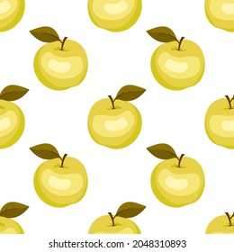 Seamless pattern with green apples and leaves. Cute print with whole fruits. Festive decoration for textiles, wrapping paper and design