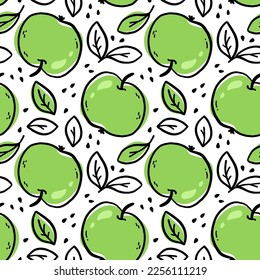 Seamless pattern of green apples with leaves isolated on white background. Organic healthy food. Vector hand-drawn illustration in doodle outline style