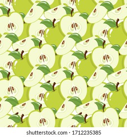 Seamless pattern with green apples on white background. Organic fruit. Cartoon style. Vector illustration for design, web, wrapping paper, fabric, wallpaper.