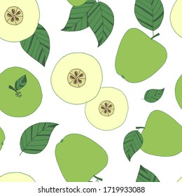 Seamless pattern of green apples on a white background. Vector image. Design for textiles, wrapping paper, and notebook covers.