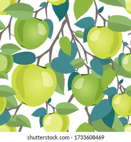 Seamless pattern of green apples on branch with leaves for textile industry, textures, pillows, posters, t-shirts or print design. Cartoon vector illustration of fresh fruits on white background