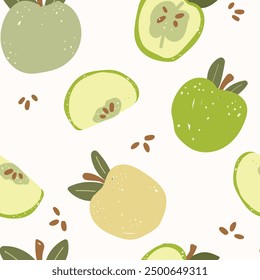 Patrón sin fisuras con manzanas verdes sobre fondo blanco. Ilustración vectorial.