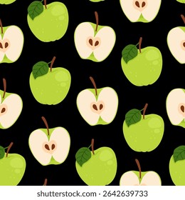 Seamless pattern of green apples on a black background with green leaves. Whole and sliced apple. The design is great for wallpaper, fabric, labels, packaging.