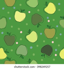 Seamless pattern with green apples on green background.
