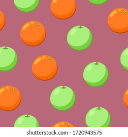 Patrón sin soldadura con manzanas verdes y naranjas. Dibujo plano. Fondo morado oscuro. Alimentos saludables. Vegan, estilo de vida vegetariano. Atención de salud. Cosecha. Para postales, papel pintado, textil, papel envuelto