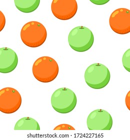 Seamless pattern with green apples and oranges. Flat cartoon style. White background. Healthy food. Vegan, vegetarian lifestyle. Health care. Harvest. For postcards, wallpaper, textile, wrapping paper