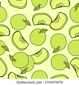 Seamless pattern with green apples. Vector illustration with fruit on a green background. Design of packaging paper, fabrics, clothing, postcards, Wallpaper. Doodle style. Apple pattern.
