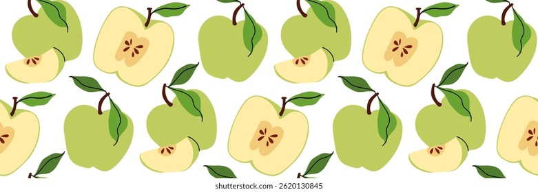 Seamless pattern with green apples, whole and one sliced in half showing pit. Spring garden background. Perfect for textile, menu, packaging, kitchen design. Flat vector illustration.