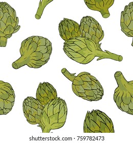 Seamless pattern with green artichoke flower buds or inflorescences hand drawn on white background. Backdrop with tasty cultivated vegetable, delicious vegan food ingredient. Vector illustration.