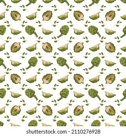 Seamless pattern with green artichoke. Print with whole and half healthy vegetables and leaves, harvesting. Delicious food for salad and cooking on white background. Vector flat illustration