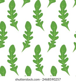 Seamless pattern of green arugula leaves on a white background. Vector illustration, rucola, leaf sketch in a simple flat style, for printing, paper, textile design.