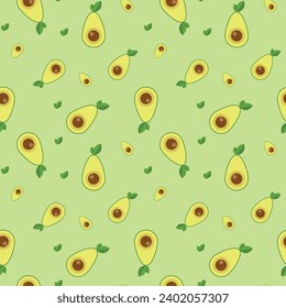 Nahtlose Muster von grünem Avocado in der Mitte mit Grube und Blättern für jeden Zweck geschnitten. mit Grube. Vektorgrafik auf hellgrünem Hintergrund