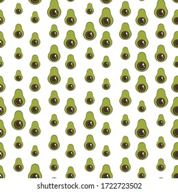 Nahtloses Muster mit grünem Avocado. Lebensmittelhintergrund. Herbst- und Sommergrafik mit bunten, süßen Früchten. Ökokonzept. Vektorgrafik für Einladung, Poster, Karte, Stoff, Textilien.
