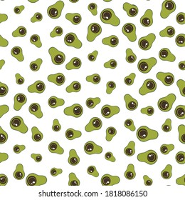 Seamless pattern with green avocado. Food background. Autumn and summer illustration with colorful cute fruits. Eco concept. Vector print for invitation, poster, card, fabric, textile.