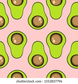 Seamless pattern with green avocado on pink background. Autumn and summer illustration with colorful cute fruits. Food concept. Vector print for invitation, poster, card, fabric, textile.
