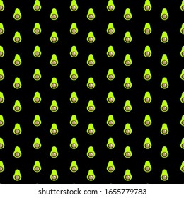 Seamless pattern with green avocado on black background. Autumn and summer illustration with colorful cute fruits. Food concept. Vector print for invitation, poster, card, fabric, textile.