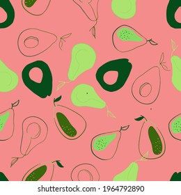 Seamless pattern with green avocado outline, colorful shapes isolated on pink. Vector illustration for card, wallpaper, wrapping, textile, fabric