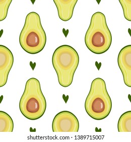 Seamless pattern with green avocado. Ripe avocado halves with bone and heart on white background. Vector illustration.