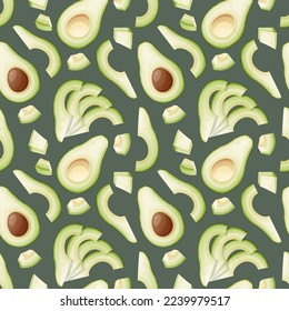 Seamless pattern with green avocado slices. Traditional Mexican food. Delicious yummy product. Texture for fabric, wallpaper, restaurant paper and menu