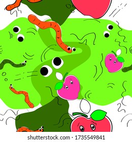 Seamless pattern. Green background. Abstract vector illustration. Cartoon apples, worms, eyes in bright pink, white, orange colors. 