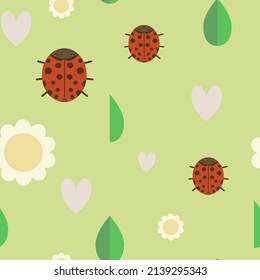 Seamless pattern green background with ladybug, daisy flowers, green leaves, heart, summer insects. Drawing in a simple graphic style, vector illustration. Pastel shades