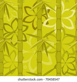 Seamless pattern with green bamboo and flowers