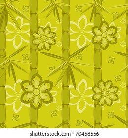 Seamless pattern with green bamboo and flowers