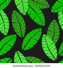 Seamless pattern green banana palm leaves on dark background. Vector illustration. 