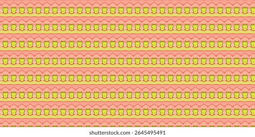 Seamless pattern of green bear heads on a peach and red zigzag background. Ideal for children’s designs, fabrics, or digital wallpapers. Seamless, bear, cute, pattern, fabric