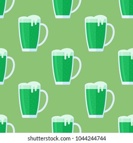 Seamless pattern with green beer mug on green background. Vector texture.