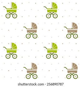 Seamless pattern. Green and beige baby pram with hearts.  Baby background. Vector illustration.
