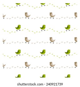 Seamless pattern. Green and beige birds and footprint on white background