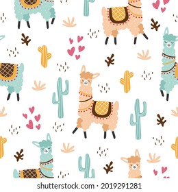 Seamless pattern with green and beige lama with cactus, cacti, grass and pink hearts on white with white dots. Vector illustration for postcard, banner, web, decor, design, arts, calendar.